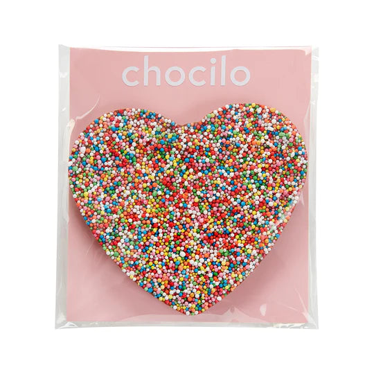 Speckle Chocolate Heart 75g by Chocilo
A couverture milk chocolate heart covered in 100s & 1000s.