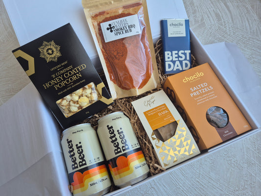 Father's day gift hamper featuring beer and treats