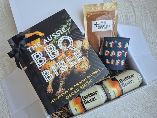 Father's day BBQ themed gift hamper with beer and cookbook