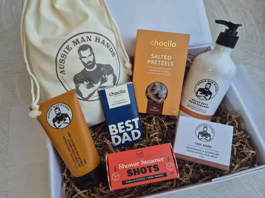 Father's Day hamper of men's grooming and treats, featuring Aussie Man Hands and chocilo chocolate