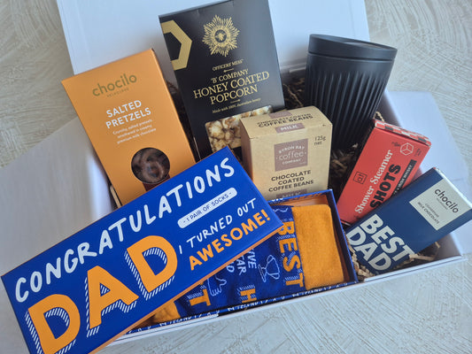 Fathers day hamper with coffee theme, socks, treats and pamper